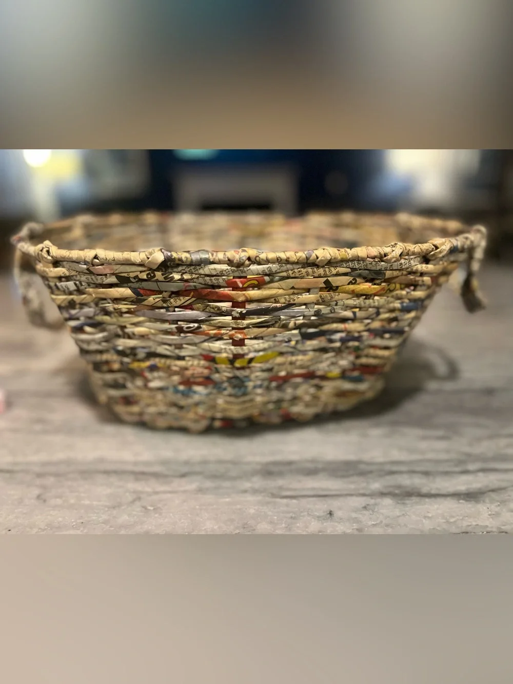 Vintage Handwoven Recycled Newspaper Basket with Handles -Boho Eco-Friendly
